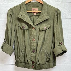 Mine | Olive Green Cotton Linen button front Jacket - Military Utility| Size M
